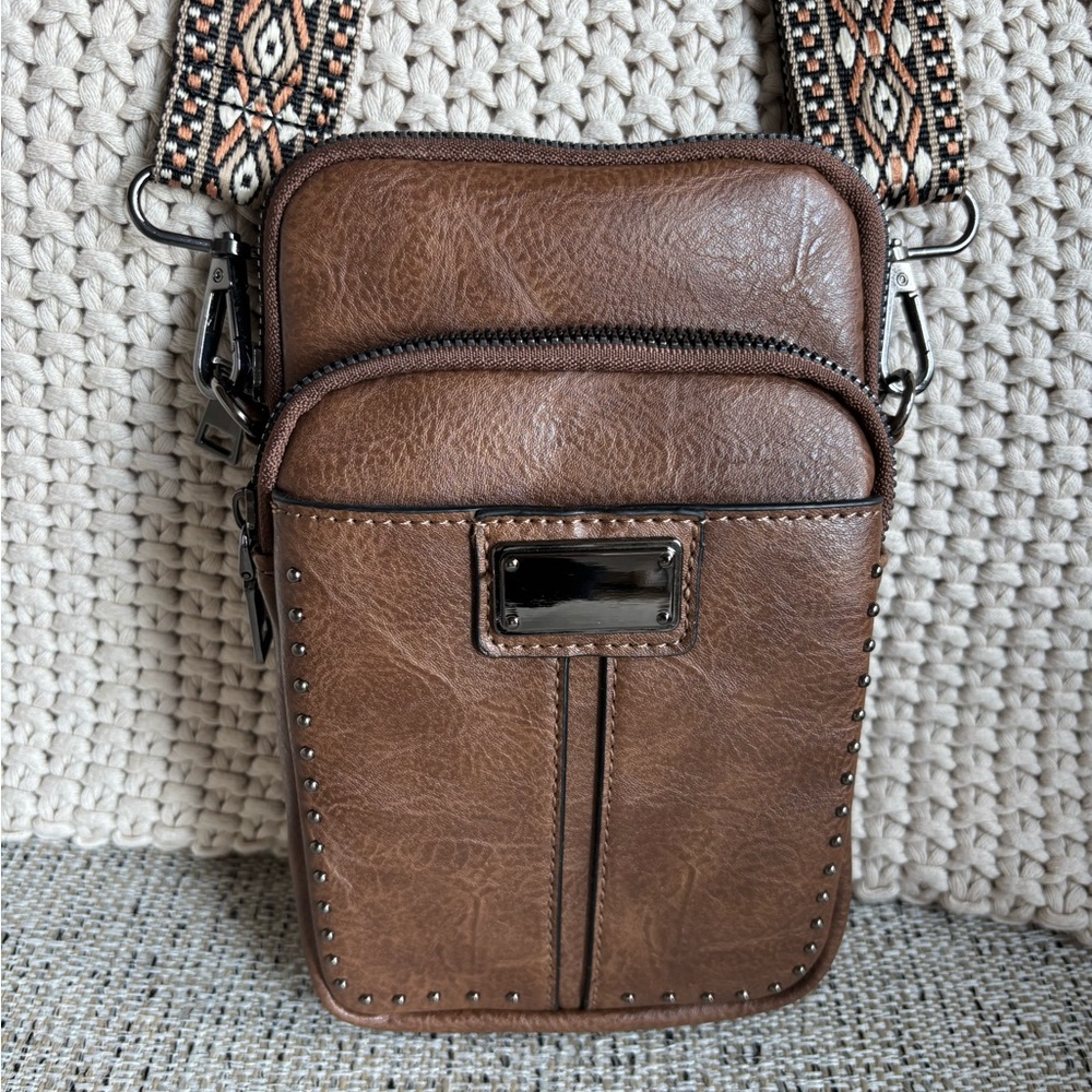 Brown Vegan Leather Crossbody Bag with Patterned Strap